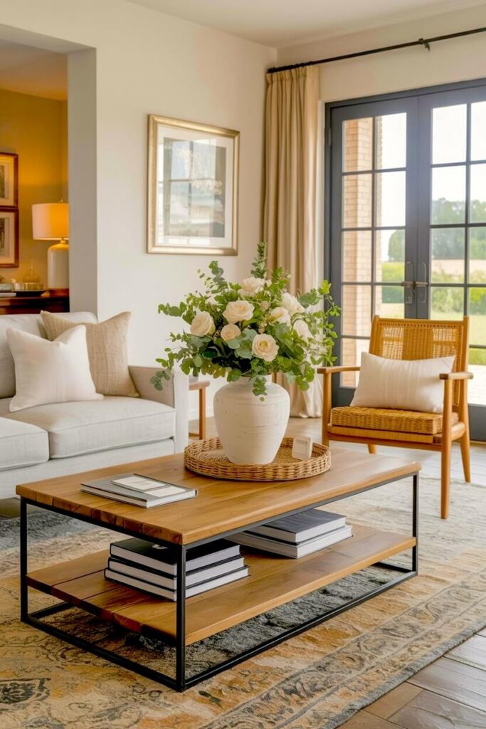 A neutral living room featuring a wooden coffee table styled with stacked books, a white ceramic vase filled with flowers on a woven tray, a light sofa, wicker chair, and soft daylight from glass doors.