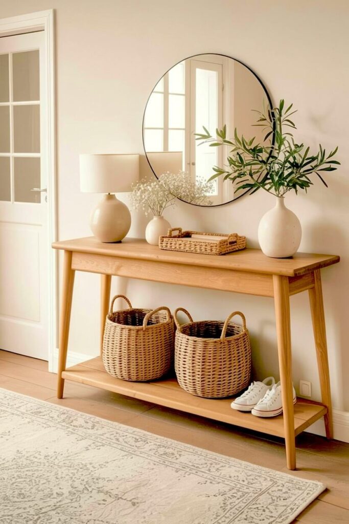 A light wood console table styled with a round wall mirror, ceramic vases, a table lamp, a woven tray, and two wicker baskets underneath in a bright, neutral entryway.