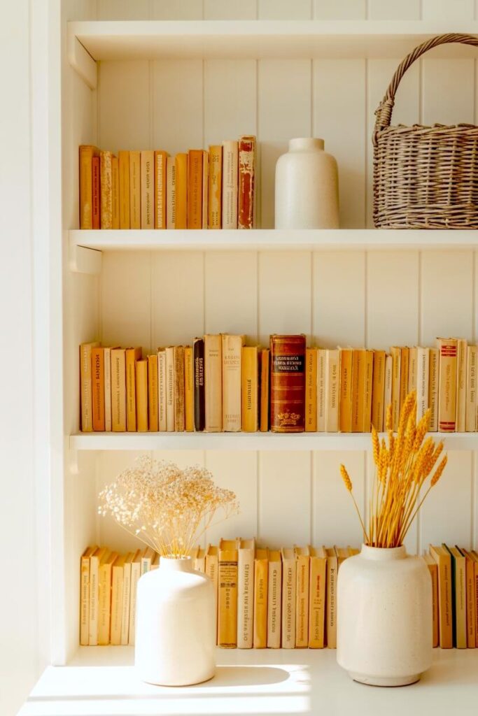 White shelves styled with rows of neutral-toned books, ceramic vases holding dried flowers and wheat stems, and a woven basket for soft, natural shelf decor.