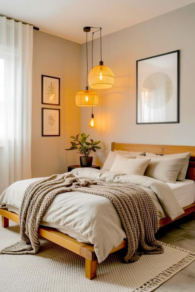 A neutral bedroom featuring a wooden bed frame, white bedding, textured knit throw, woven pendant lights, framed botanical art, and a potted plant beside sheer curtains.
