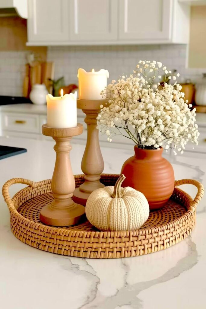 A woven rattan tray on a white kitchen island styled with wooden candle holders, lit pillar candles, a terracotta vase with white flowers, and a small knit pumpkin for a cozy seasonal look.