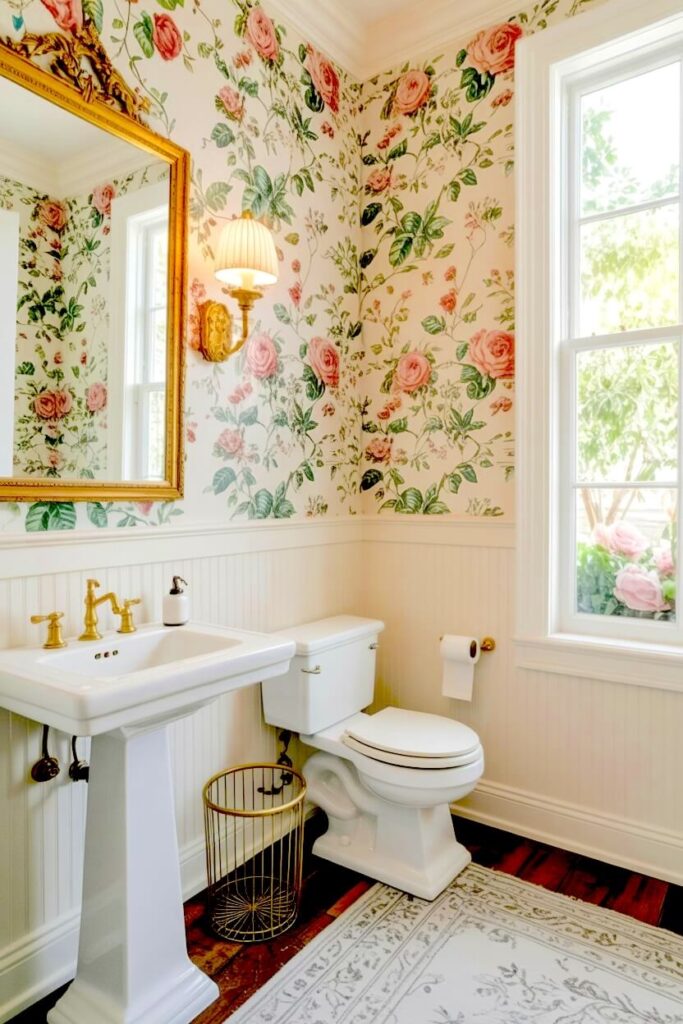 A bright powder room featuring floral wallpaper with pink roses, a white pedestal sink, brass faucet, framed gold mirror, wall sconce, white toilet, woven waste basket, and natural light from a window.