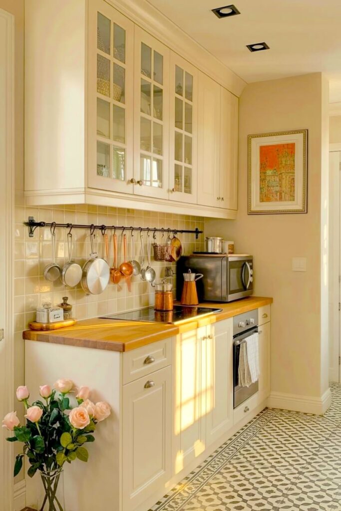 A narrow kitchen styled with cream cabinetry, glass-front upper cabinets, wooden countertops, hanging cookware on a rail, patterned tile floor, and sunlight warming the space with soft shadows.