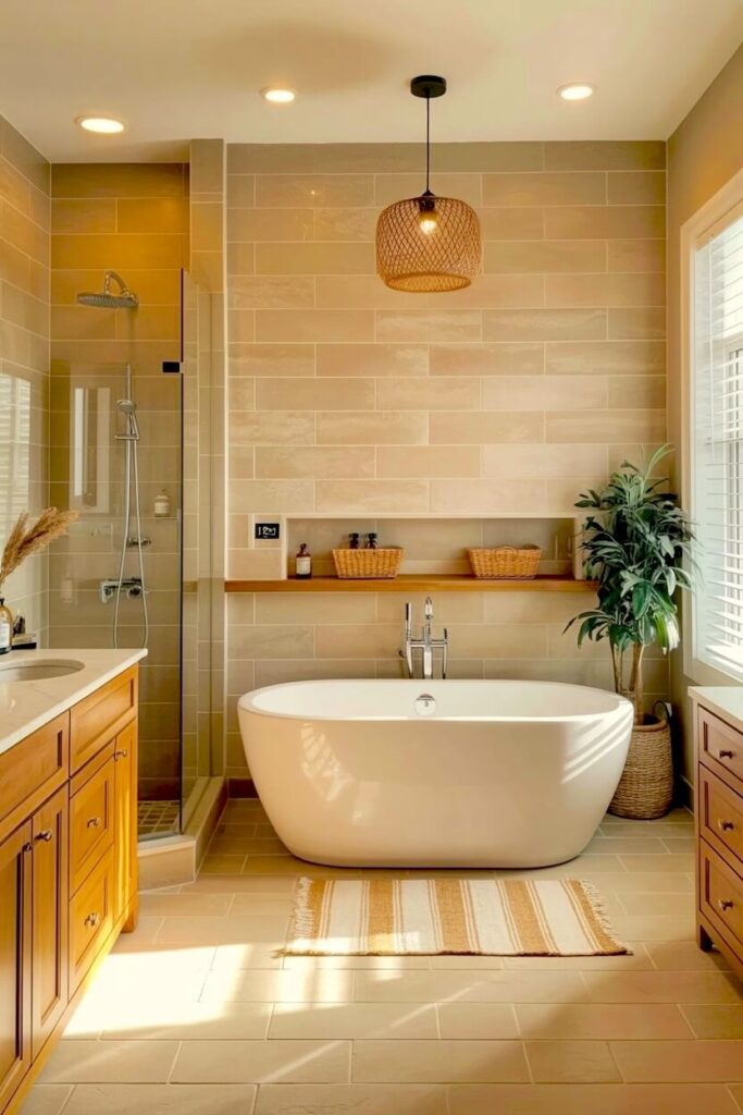 A neutral bathroom featuring a white freestanding bathtub, beige tile walls, wooden vanity, woven baskets, indoor plant, striped rug, and soft overhead lighting for a calm spa-like feel.
