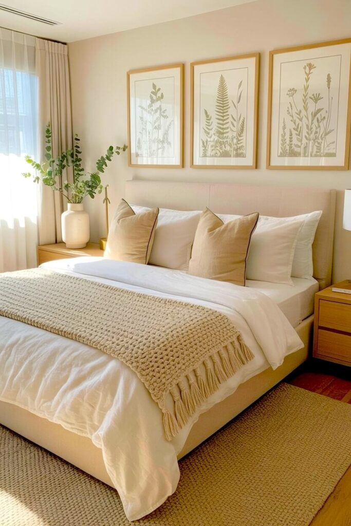 A serene bedroom styled with a light upholstered bed, white and beige bedding, a knit throw, framed botanical prints above the headboard, and soft natural light filtering through curtains.